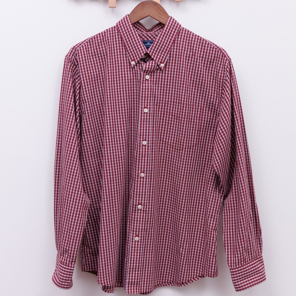 Dockers Mens Red White Micro Check Button Down Shirt Large 16-16.5 Long Sleeve